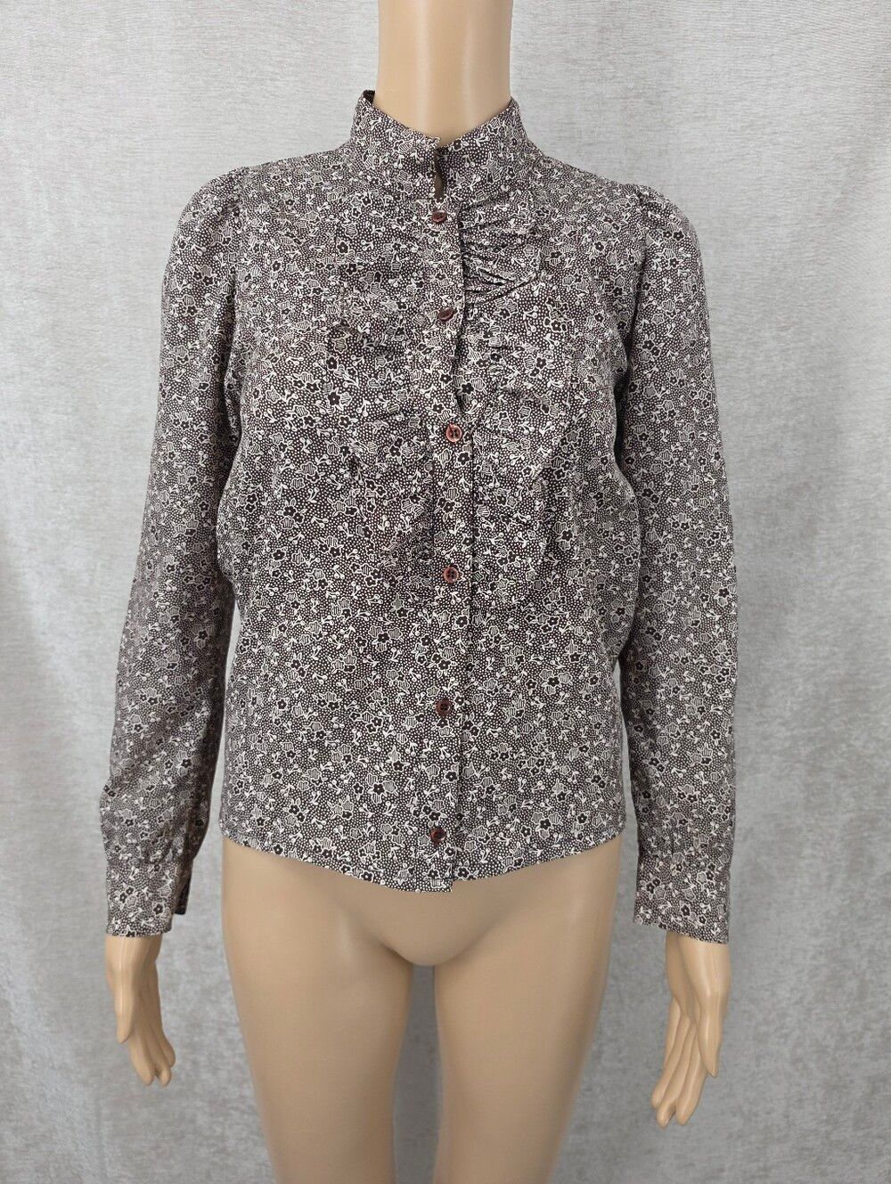 70s Diane Von Furstenberg Brown Floral Cherry Print Ruffle Button-Front Blouse